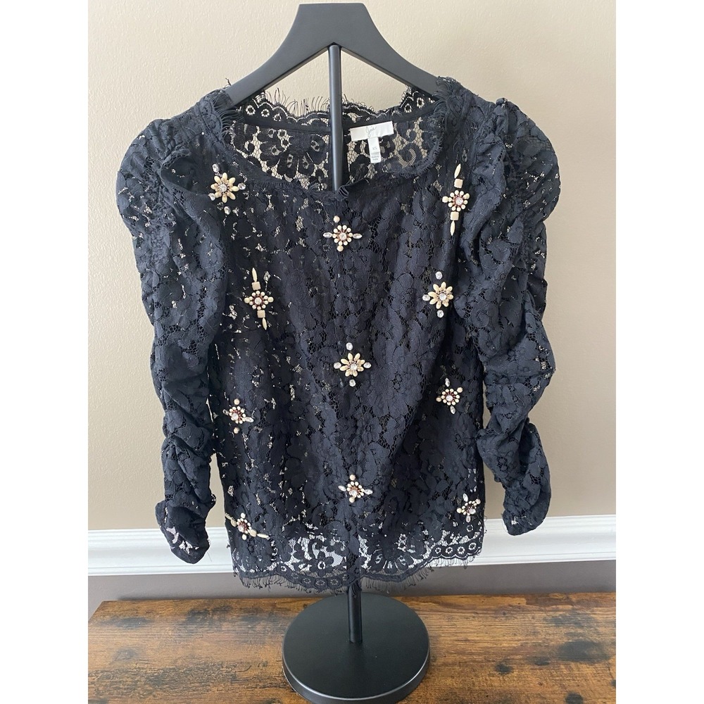 Joie Top Womens X-Small Black Lace Trimmed Ruched Sleeves Embellished Beads